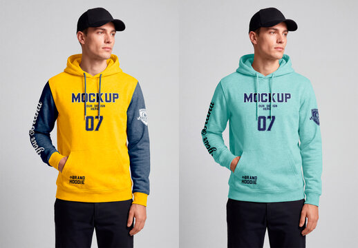 Grey hoodie with black cap male model casual studio mockup