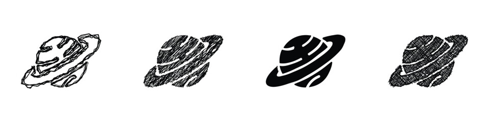 A set of four distinct graphic representations of a ringed planet, showcasing different artistic interpretations from sketch to solid silhouette © Vova7