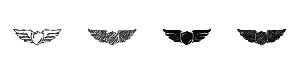 Obraz premium Collection of four stylized winged shield icons, varying from sketch to solid silhouette, perfect for emblems and logos
