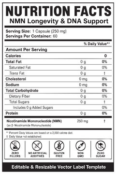 nutrition facts vector label template for nmn longevity and dna support