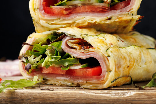 Crispy Zucchini Cheddar Wrap with Ham and Fresh Vegetables