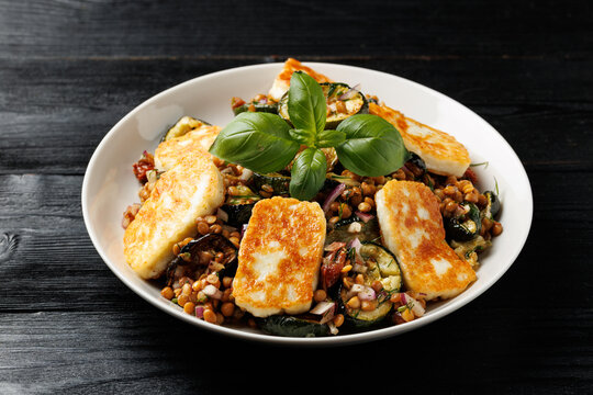 Halloumi and Lentil Salad with Roasted Courgettes