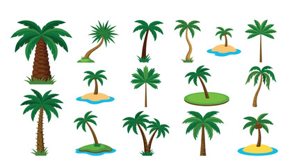 Tropical palm tree vector cartoon illustration set. Coconut trees, exotic beach islands, summer plants, botanical flora, green leaves and safari jungle elements. © Mahamuda Studio 