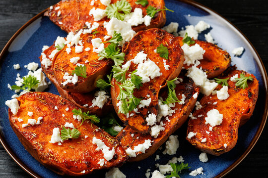 Oven Roasted Sweet Potatoes with Crumbled Feta and Fresh Parsley