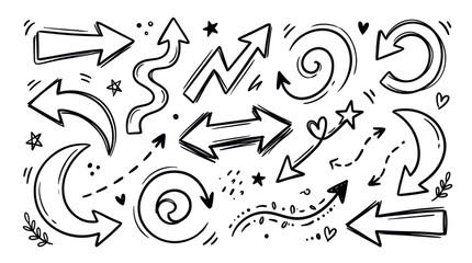 Fototapeta premium Diverse collection of hand-drawn black arrows and doodle elements, including stars and hearts, on a clean white background