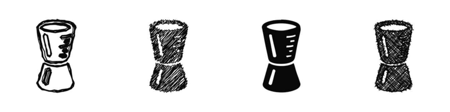A collection of four distinct jigger designs, showcasing various artistic interpretations for precise liquid measurement in bartending
