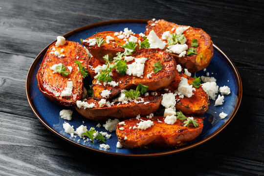 Oven Roasted Sweet Potatoes with Crumbled Feta and Fresh Parsley