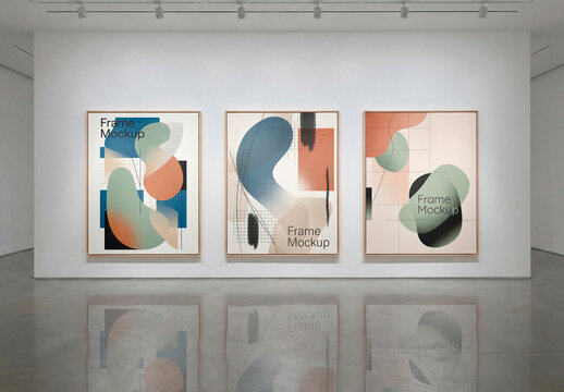 Art gallery frames mockup on white wall interior