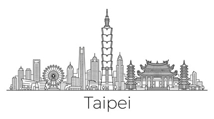 Obraz premium Taipei skyline illustration: iconic landmarks and modern architecture, line art cityscape