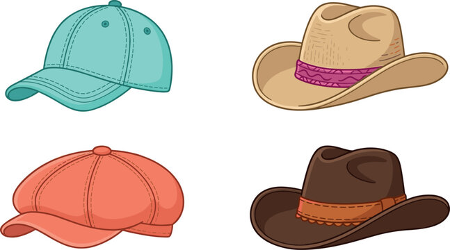 Hats and caps vector illustration icon set with baseball cap cowboy hat flat cap and western straw hat