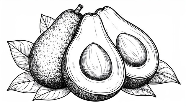 Hand drawn avocado sketch with whole fruit and halves
