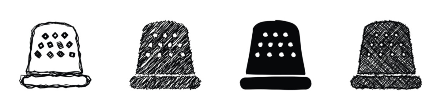 A set of four distinct thimble illustrations, showcasing different artistic interpretations from sketchy outlines to solid silhouettes and textured fills