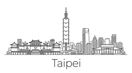 Obraz premium Taipei Skyline Silhouette - Famous Landmarks Line Art - Taiwan Cityscape