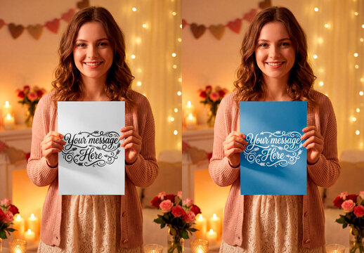 Woman Holding Blank Paper Poster Mockup