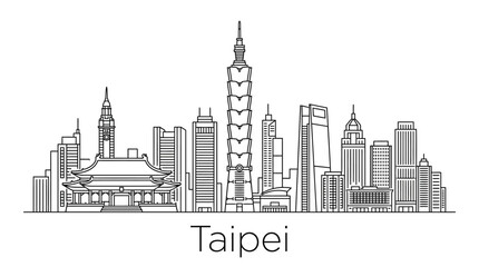 Obraz premium Taipei Skyline Silhouette, Taiwan Landmark Buildings Vector Art