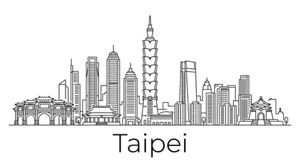 Obraz premium Taipei skyline with landmarks, outline illustration