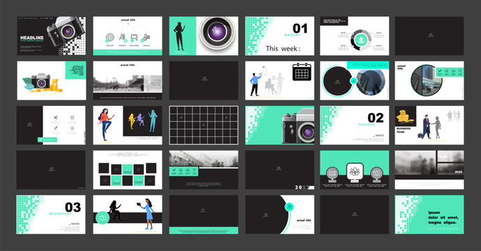 Headline. Business photography presentation, camera, PowerPoint, infographic design template, green, black elements, white background set. Team of people, girls create technology. Vector illustration
