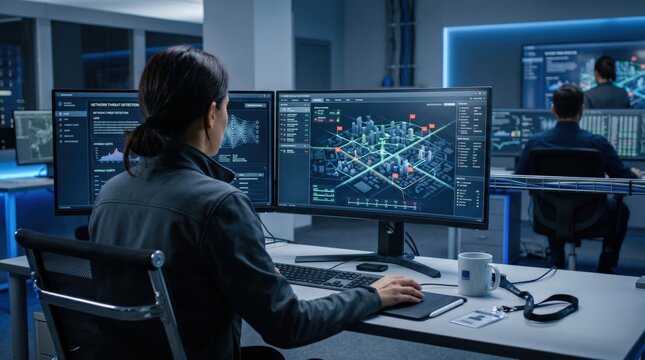 Cybersecurity analyst monitoring network threat detection system on dual monitors, digital city map visualization in security operations center