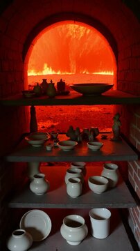 An featuring a red-hot brick kiln with pottery on shelves inside and outside, showing various stages of firing.