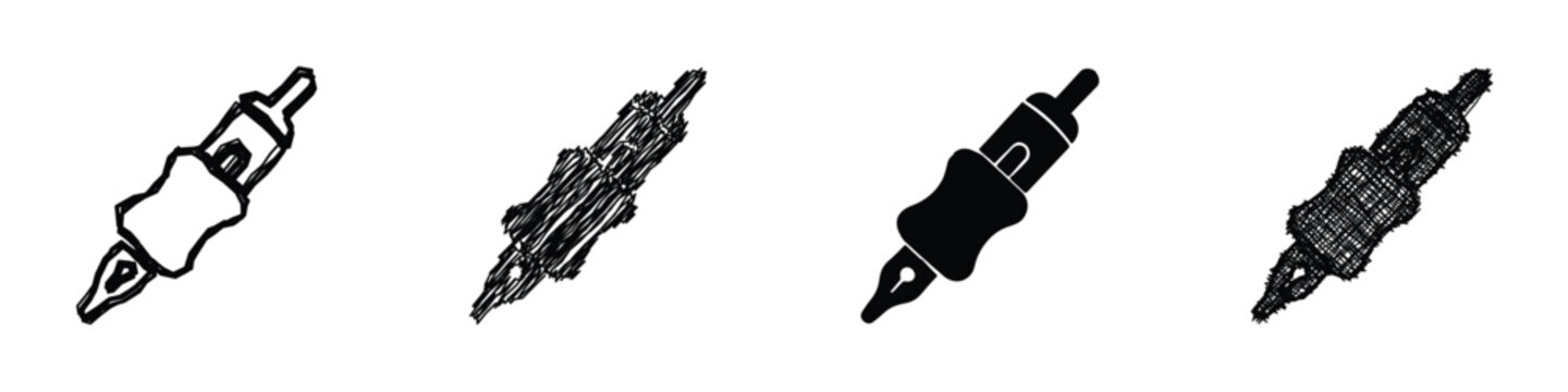 Collection of four tattoo machine pen icons, showcasing line art, sketch, silhouette, and textured styles for diverse design needs
