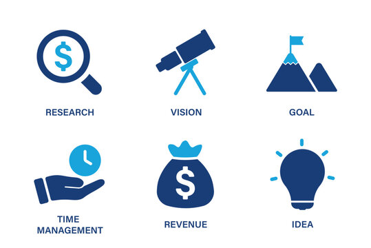 Collection of icons for business design such as research, vision, goal, time management, revenue, idea.  Solid vector icon set.