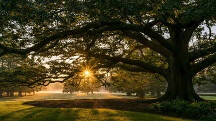 Obraz premium Majestic Oak Tree with Sunlight Filtering Through Leaves in Tranquil Morning Scene, Capturing Nature’s Beauty at Dawn