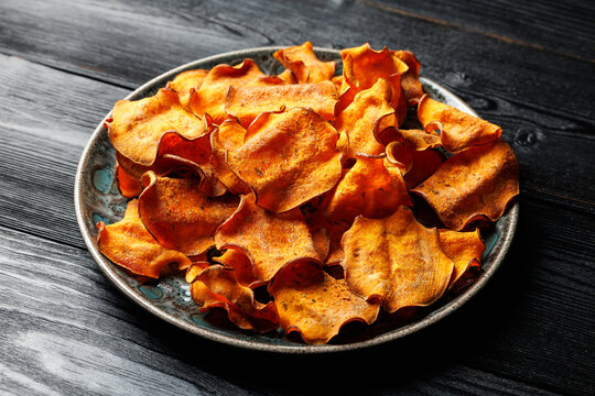 Homemade Baked Sweet Potato Chips. Crispy Healthy Snack