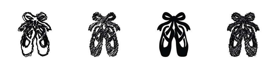 A set of four distinct artistic interpretations of ballet slippers, showcasing different sketch and silhouette styles © Vova7