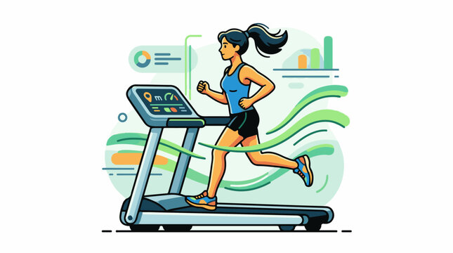 A woman with a ponytail runs on a treadmill with a screen displaying various metrics