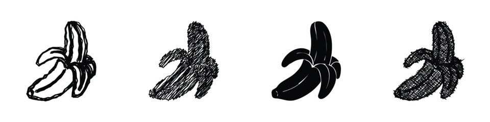A set of four distinct banana illustrations, each rendered in a unique black and white artistic style for versatile design applications © Vova7