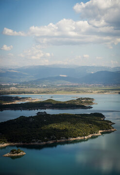 Scenic panoramic view of Slansko Lake with multiple small islands near Niksic in Montenegro