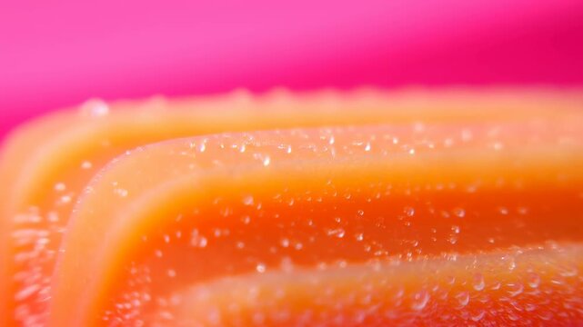 Extreme close-up of ridged orange surface with tiny dewy droplets, soft magenta backdrop, subtle focus shift, and tactile abstract color patterns in glossy light