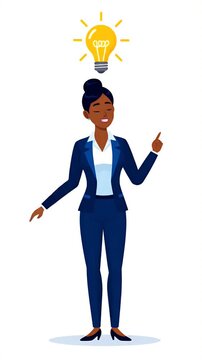 Pixel art businesswoman in a suit, lightbulb above head, idea generation, innovation, problem solving, thinking, strategy
