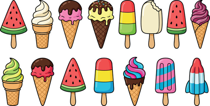 Ice cream and popsicle vector illustration cartoon set with colorful scoops waffle cones watermelon bars and popsicles