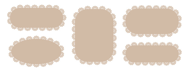 Collection of blank rounded text boxes with decorative doily edges. Light tan vector badges for invitations, greeting cards, or elegant packaging © Anastasiia