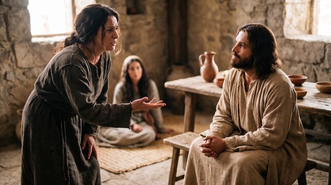 Martha of Bethany gestures in complaint to Jesus Christ sitting on a stool in a stone house with Mary in the background, representing the biblical scene Jesus at the home of Martha and Mary.
