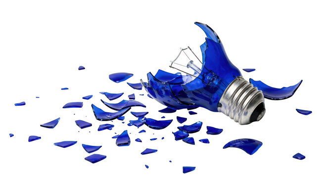 Broken blue glass light bulb on the floor isolated on transparent background