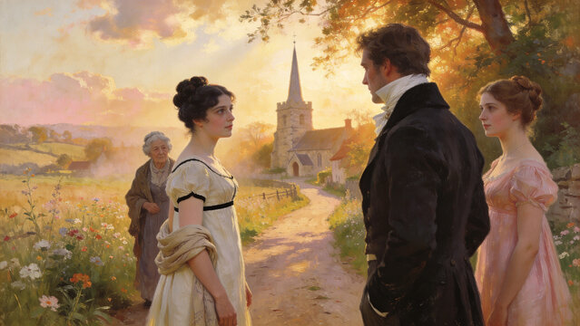 Regency era group with two young women and a gentleman standing on a countryside path near a village church at sunset