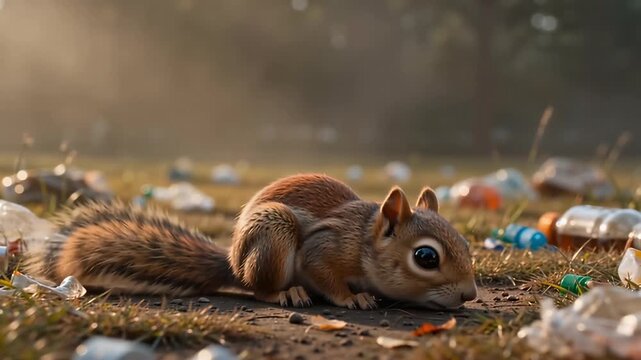 汚染された公園で弱々しく地面を見つめるかわいい3Dアニメーションリス。環境汚染が動物の生命に与える影響と悲しい現状を表す感動的な映像