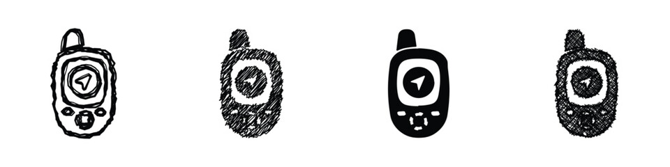Collection of four distinct icons representing a handheld GPS navigator, each with a unique artistic style from sketch to solid silhouette © Vova7