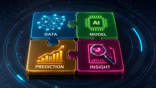 Four puzzle pieces displaying artificial intelligence process with data model prediction and insight icons on futuristic dark background.