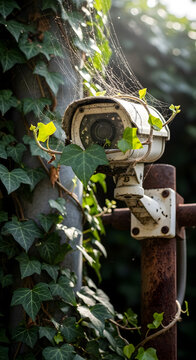 Old Abandoned Security Camera Overgrown with Green Ivy and Spiderwebs on Rusty Metal Pole