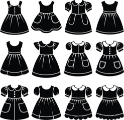 Collection of black silhouette children's dresses with pockets on white background