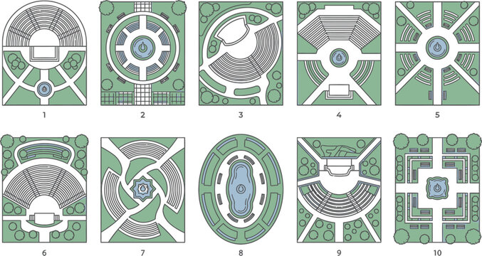 Modern eco park amphitheater plaza blueprints layout displaying public open air plazas stepped circular seating concentric paths fountain outlines vectors