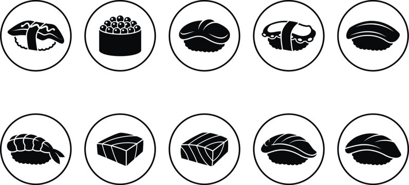 Premium seafood sushi black silhouette icon set, flat Japanese nigiri and sashimi
