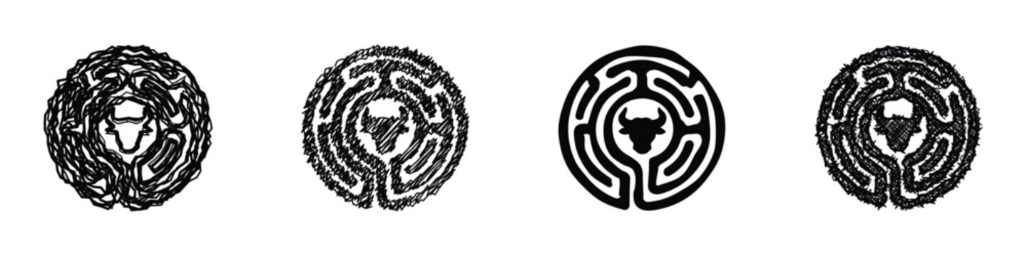 A circular maze design featuring a bull's head at its center, symbolizing the Minotaur myth