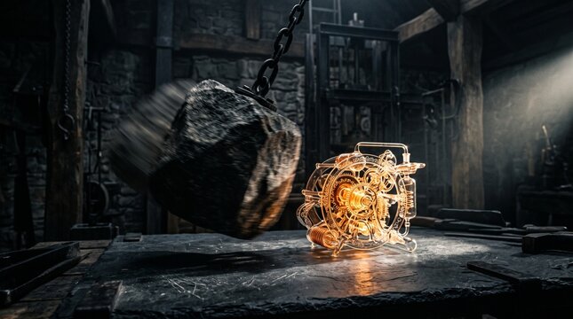 Heavy stone block swinging dangerously close to a fragile glowing mechanical glass instrument on a dark workshop table, impending danger, delicate technology, precarious balance.