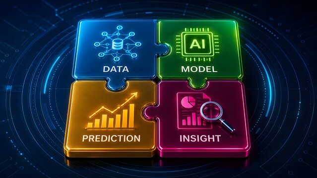 Four puzzle pieces displaying artificial intelligence process with data model prediction and insight icons on futuristic dark background.
