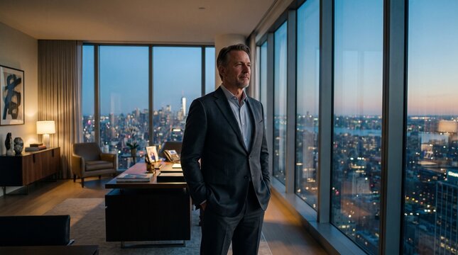 Mature male executive in a suit standing by a large window in a high-rise corner office