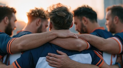 Obraz premium Sports team players embracing in a huddle against a sunset sky